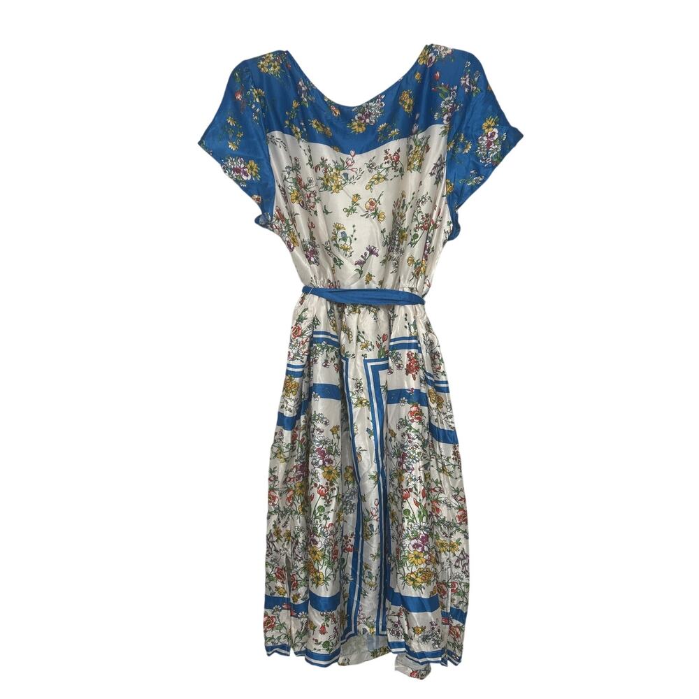 ModCloth Sunlit Reverie Floral Satin Scarf Print Dress Blue Cream 3X NWT Garden - Picture 3 of 15
